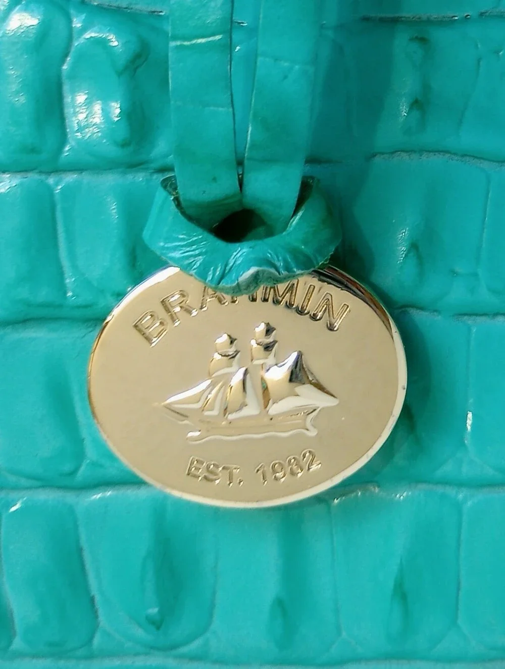 Brahmin Turquoise La Scala Mini Arno Croc Embossed Leather Crossbody Satchel Bag